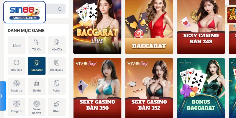 Các trò chơi nổi bật tại sảnh Casino Sin88