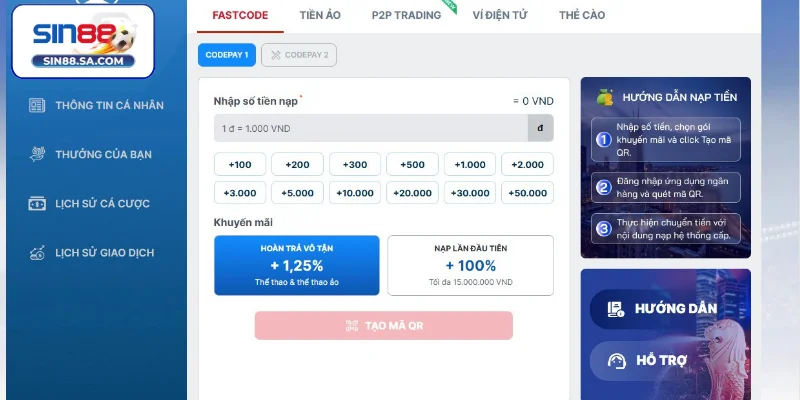 Đăng ký Sin88 -> Nạp tiền