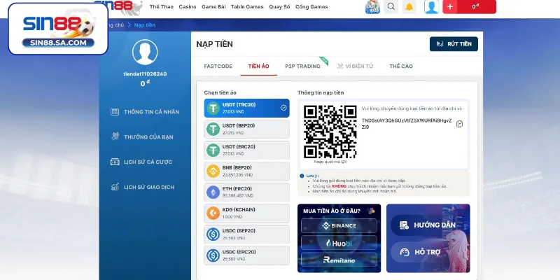 Nạp tiền qua Tiền ảo