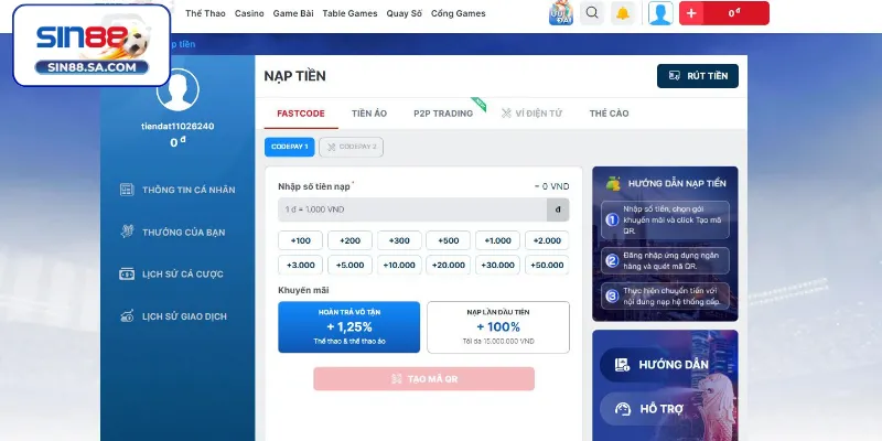Nạp tiền Sin88 qua Fastcode