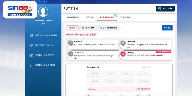 Rút tiền qua P2P Trading