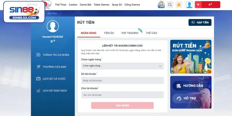 Rút tiền Sin88 qua Ngân hàng