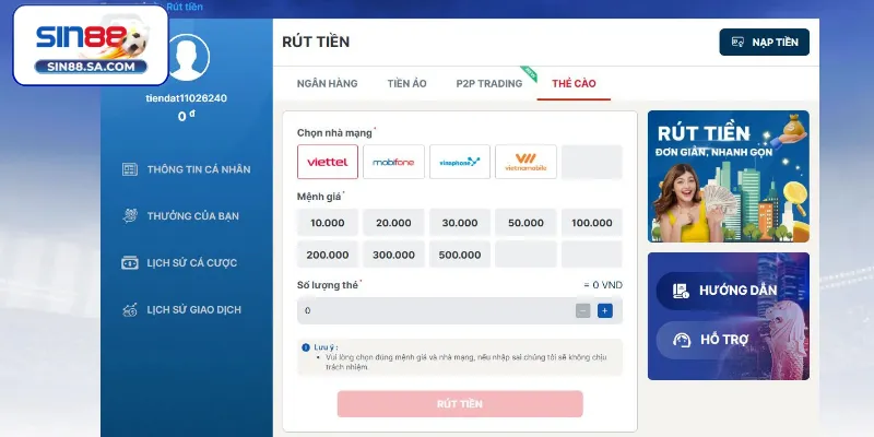 Rút tiền Sin88 qua Thẻ cào